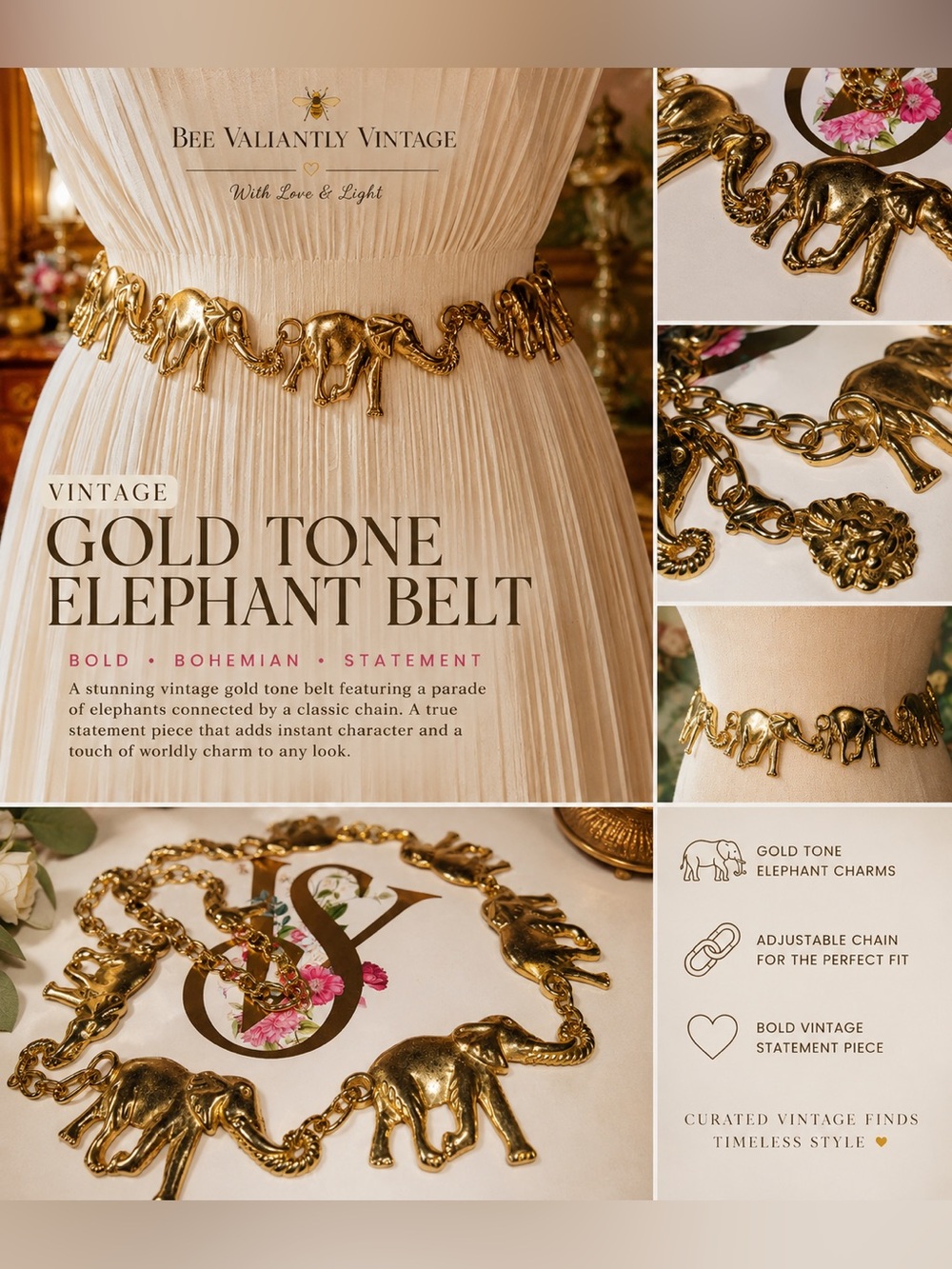 VTG Gold Tone Elephant Chain Belt | Boho Safari Statement Belt | Lion Clasp